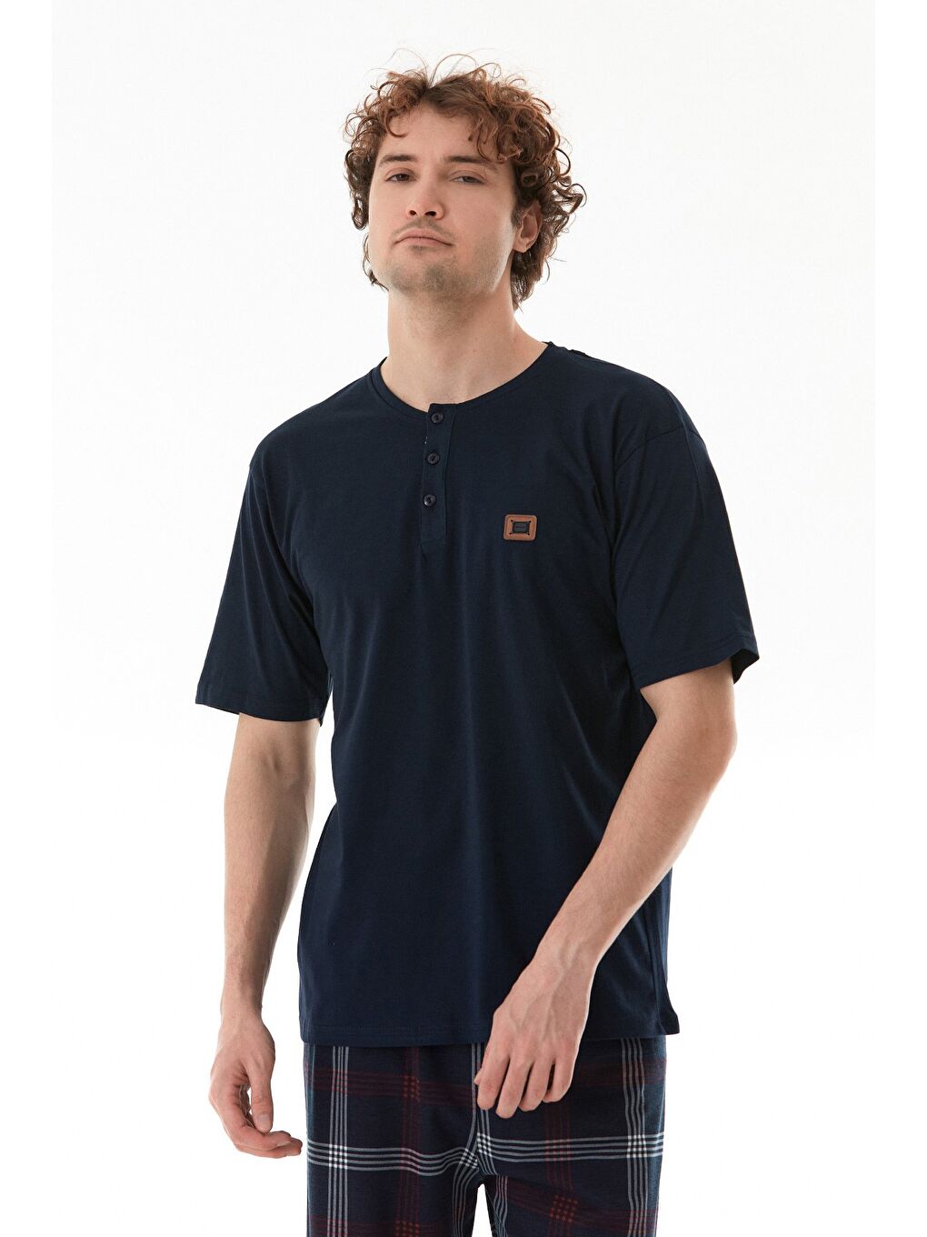 Lacivert Ekose Desenli %100 Pamuk Pijama Takımı-2