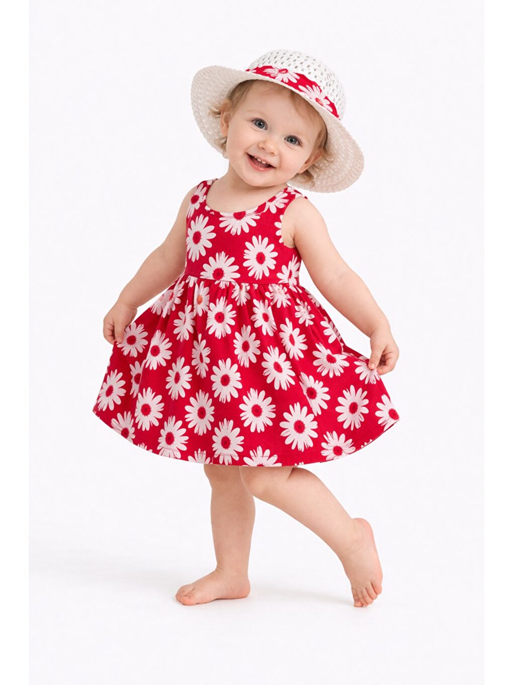 Kırmızı Tatlı Kız Bebek Papatya Desenli Tarz Elbise Şapkalı Yazlık Kombin-3