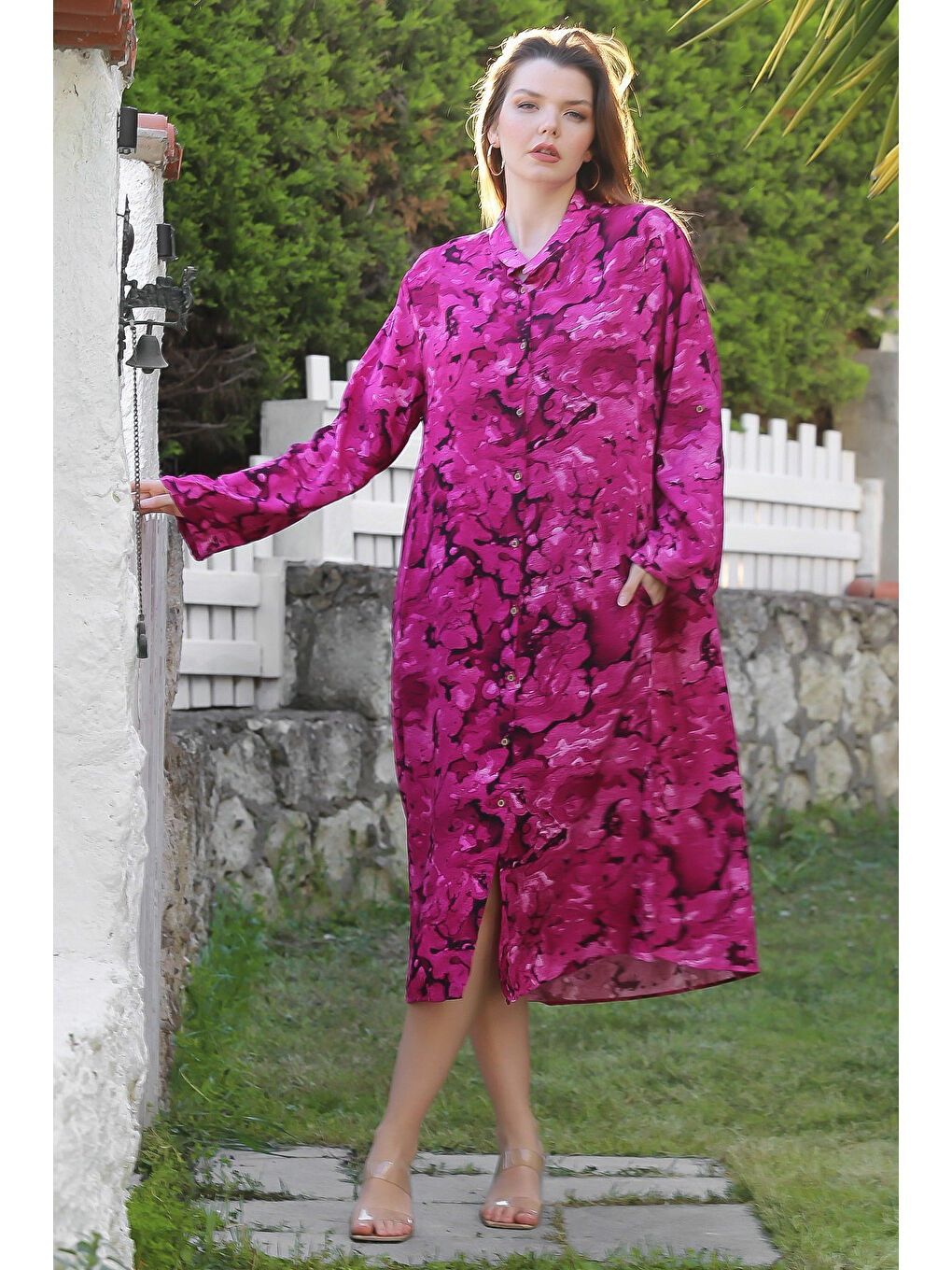 Fuşya Hakim Yaka Düğmeli Uzun Kollu Gizli Cepli Casual Viskon Dokuma Elbise 125 65-5