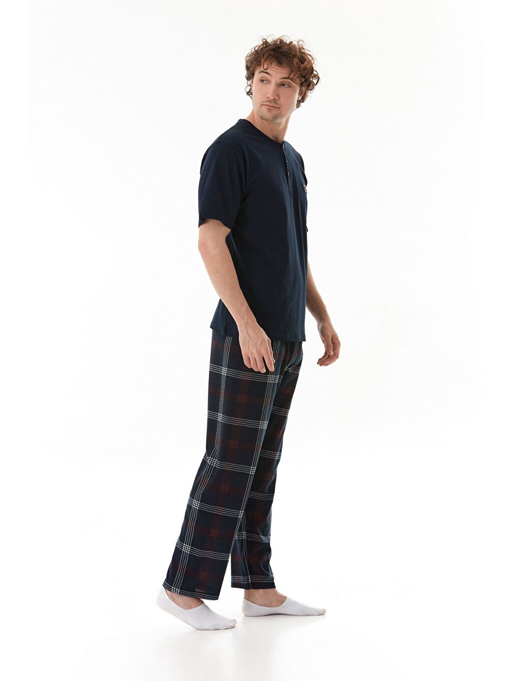 Lacivert Ekose Desenli %100 Pamuk Pijama Takımı-3