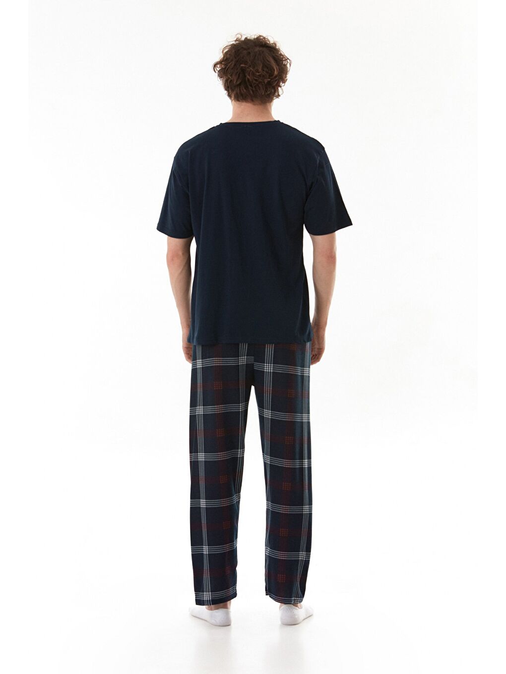 Lacivert Ekose Desenli %100 Pamuk Pijama Takımı-4