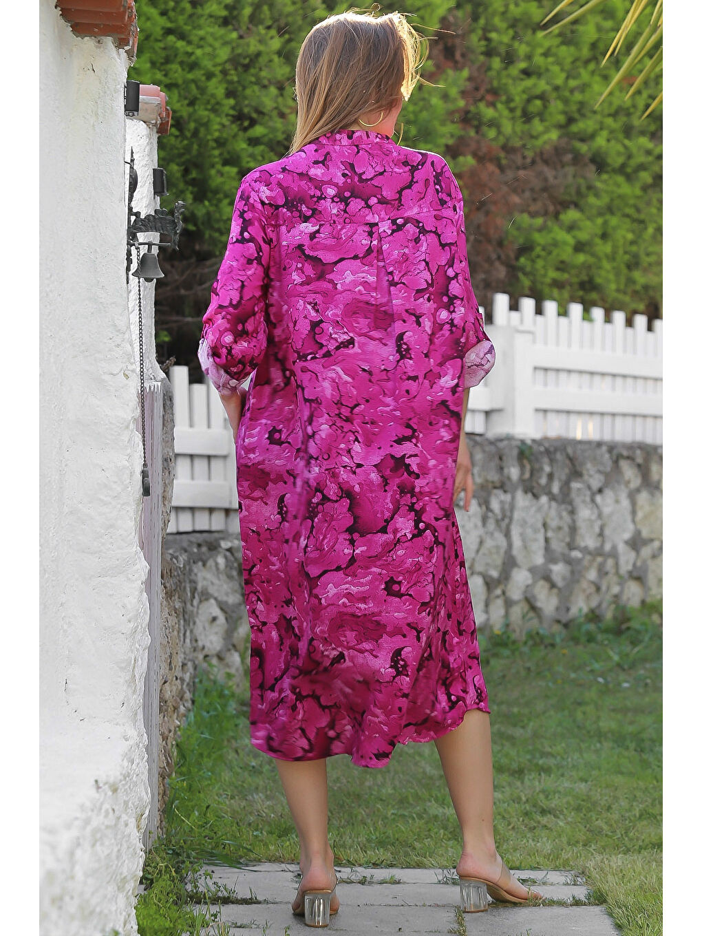 Fuşya Hakim Yaka Düğmeli Uzun Kollu Gizli Cepli Casual Viskon Dokuma Elbise 125 65-7