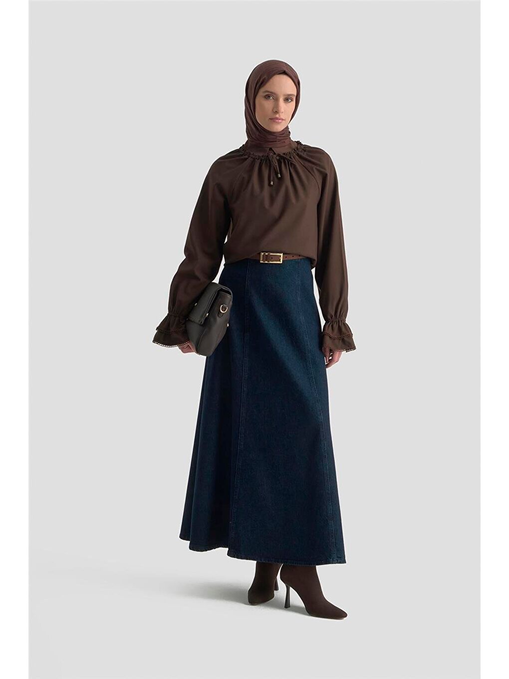 Kahverengi Kolu Fırfırlı Bluz 25K3832 Acı Kahve-2