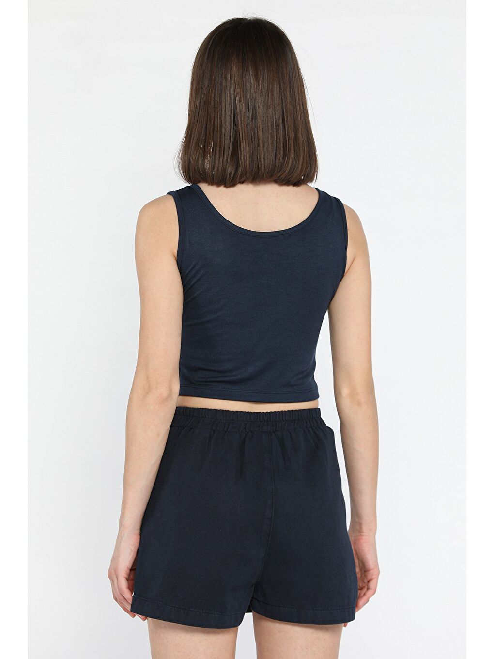 Lacivert Kadın Kalın Askılı Kaşkorse Crop Top Bluz-2