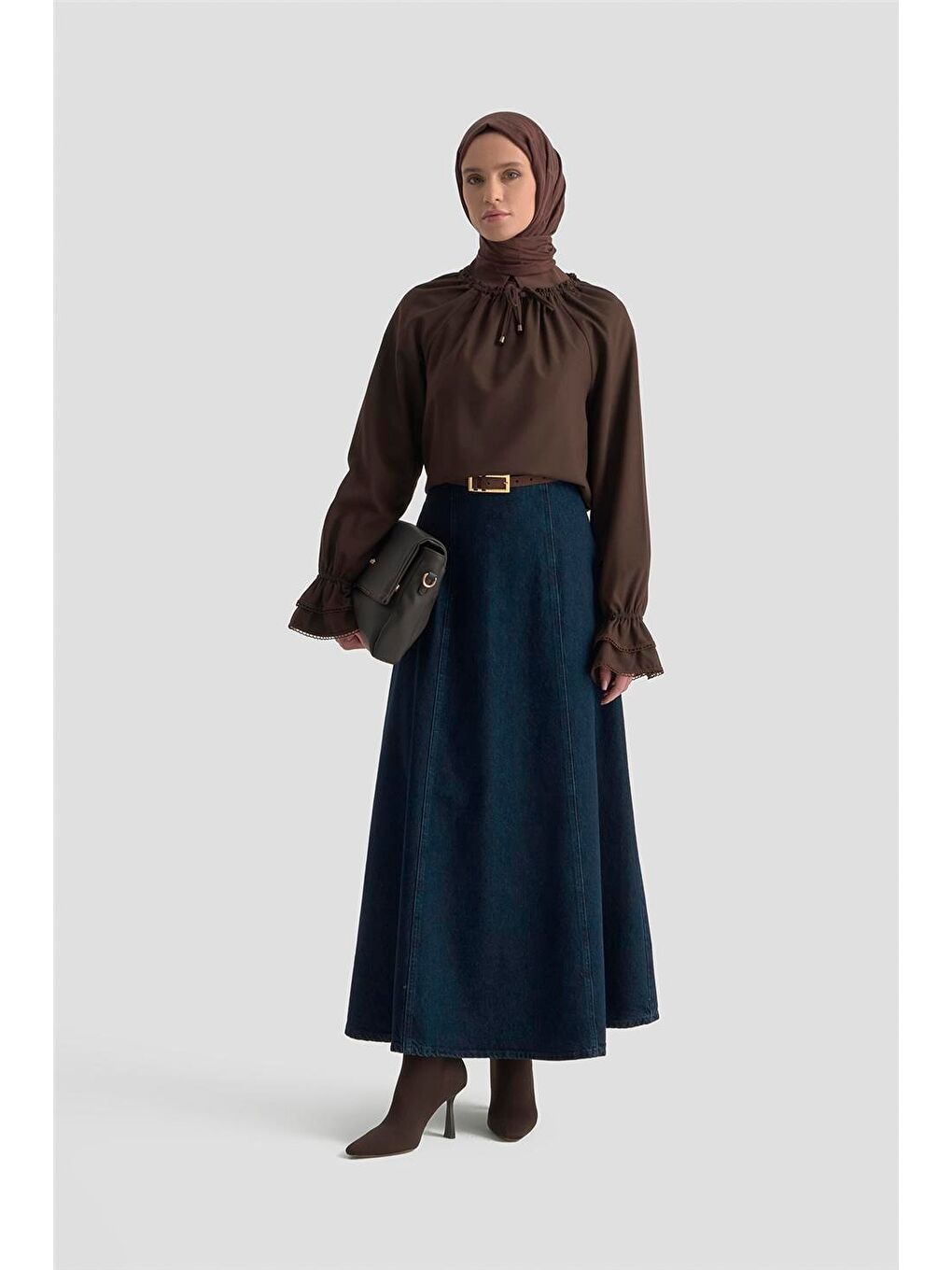 Kahverengi Kolu Fırfırlı Bluz 25K3832 Acı Kahve-3