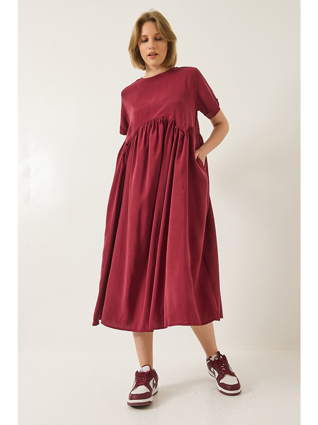 Bordo Kadın Kısa Kollu Asimetrik Dikiş Detaylı Cepli Yazlık Modal Elbise-2