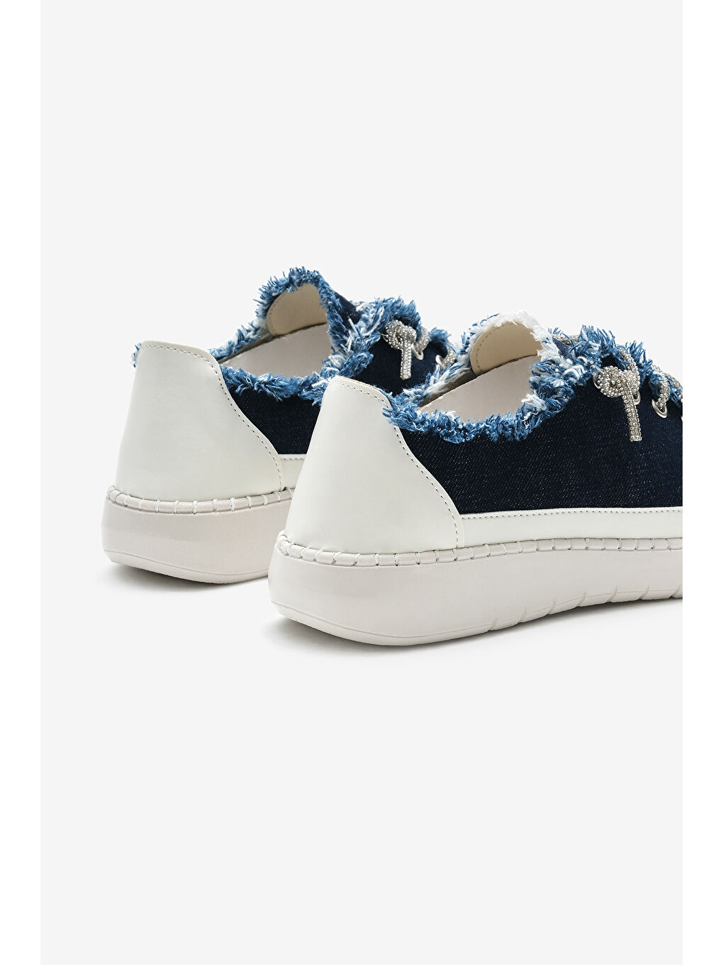 Kadın Lacivert Poli Taban Denim Kumaş Taşlı Bağcıklı Spor Ayakkabı-4