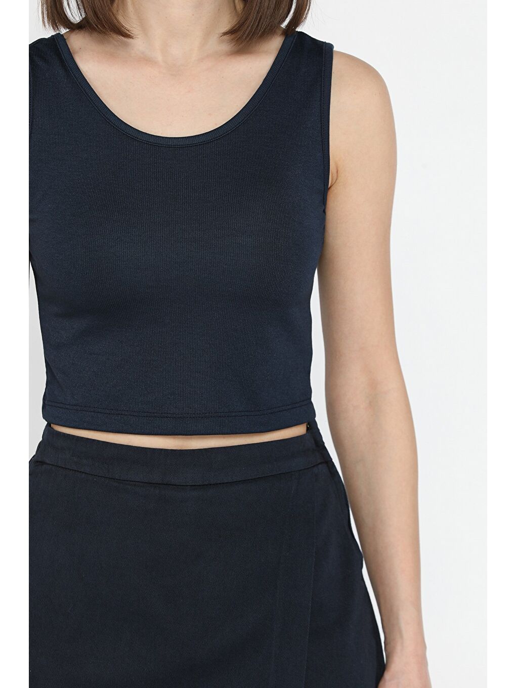 Lacivert Kadın Kalın Askılı Kaşkorse Crop Top Bluz-3
