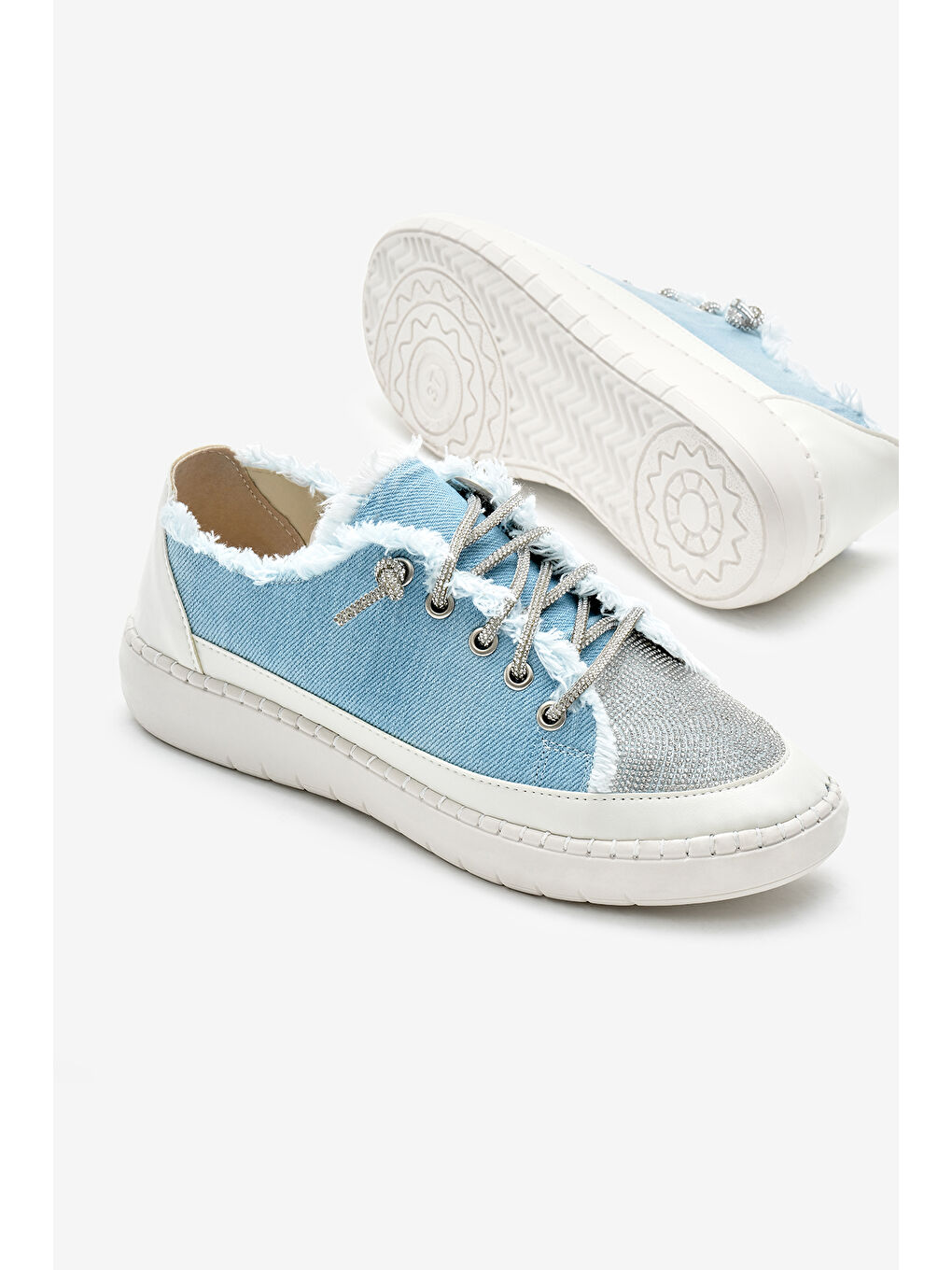 Kadın Bebe Mavisi Poli Taban Denim Kumaş Taşlı Bağcıklı Spor Ayakkabı-3
