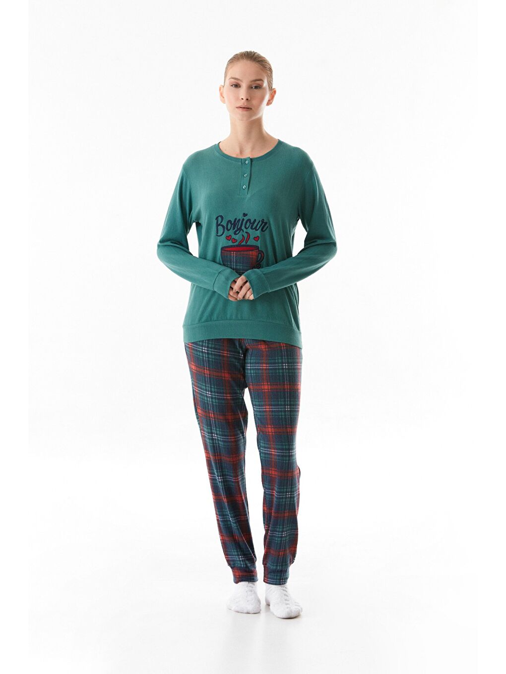 Yeşil Bonjour Yazı Nakışlı 2'li Kadife Pijama Takımı-3