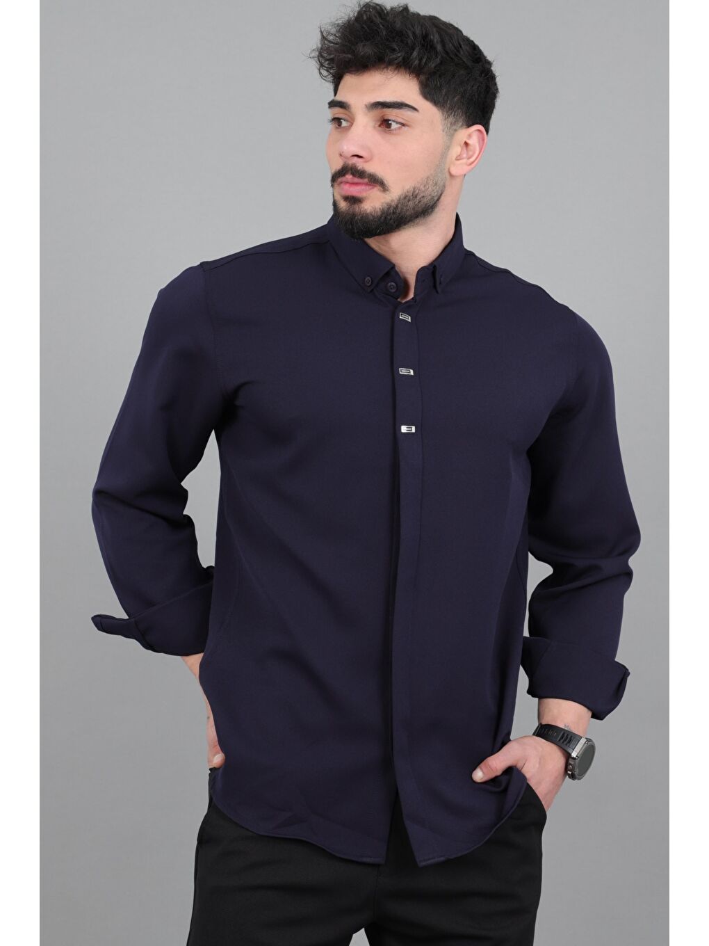 Lacivert Düğme Detay Premium Yazlık Uzun Kol Gömlek QCM 6727_40419