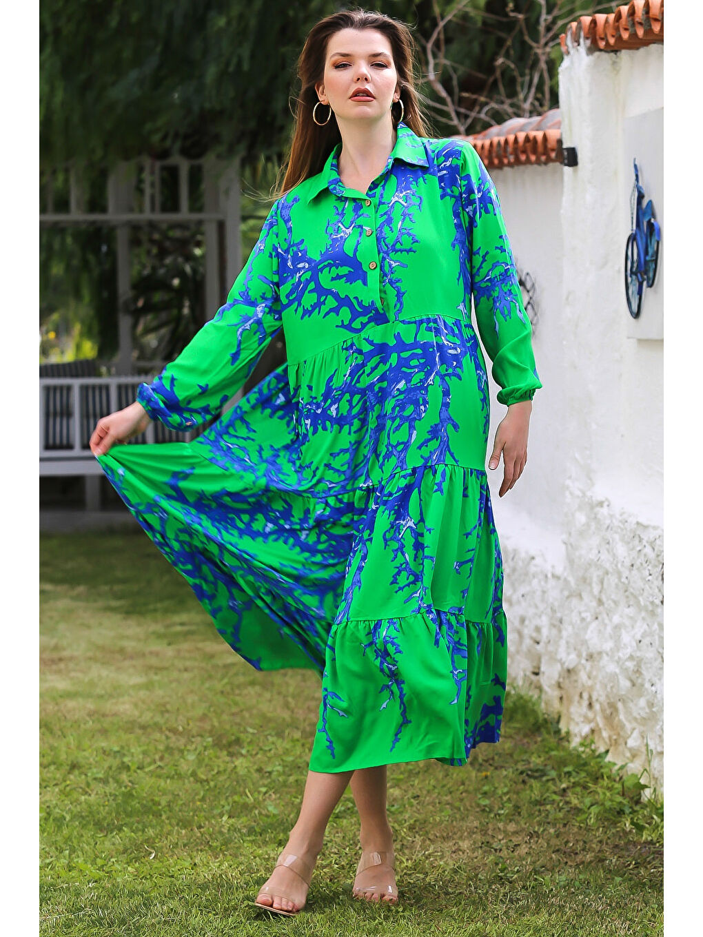 Yeşil Gömlek Yaka Balon Kol Düğmeli Casual Viskon Dokuma Elbise 140 65-1