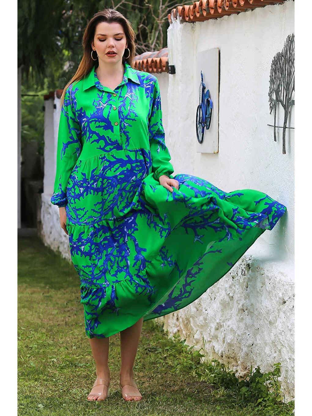 Yeşil Gömlek Yaka Balon Kol Düğmeli Casual Viskon Dokuma Elbise 140 65-2