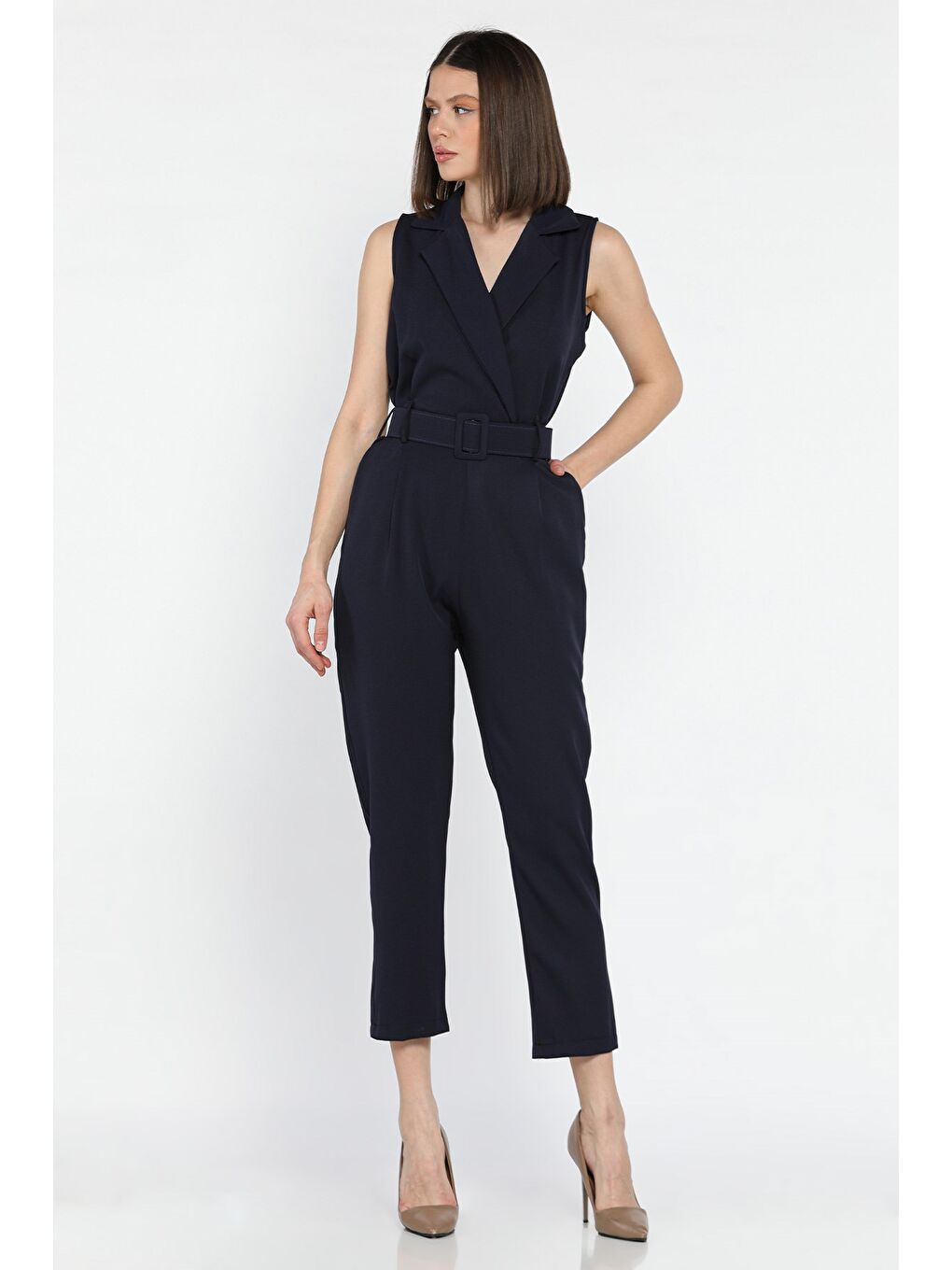 Lacivert Kemerli Kruvaze Yaka Sıfır Kol Kadın Tulum-1