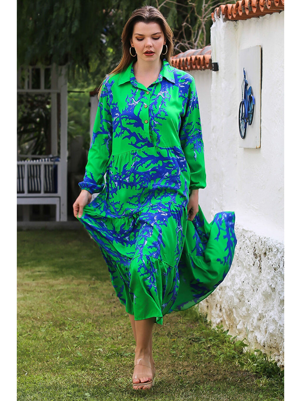 Yeşil Gömlek Yaka Balon Kol Düğmeli Casual Viskon Dokuma Elbise 140 65-3