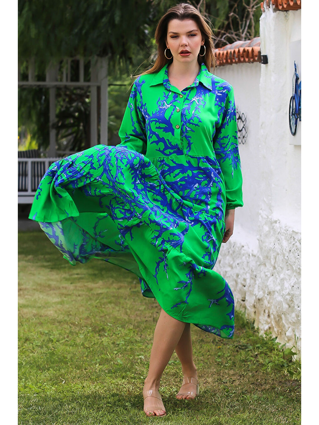 Yeşil Gömlek Yaka Balon Kol Düğmeli Casual Viskon Dokuma Elbise 140 65-4