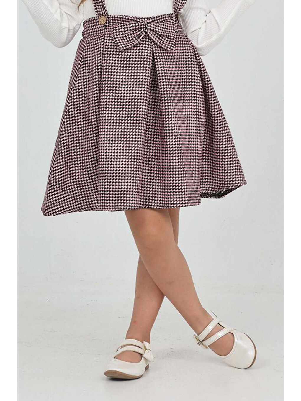 Pembe Kız Çocuk Dantel Yakalı Salopet Askılı Kazayağı Desenli 2'li Elbise 12304-2