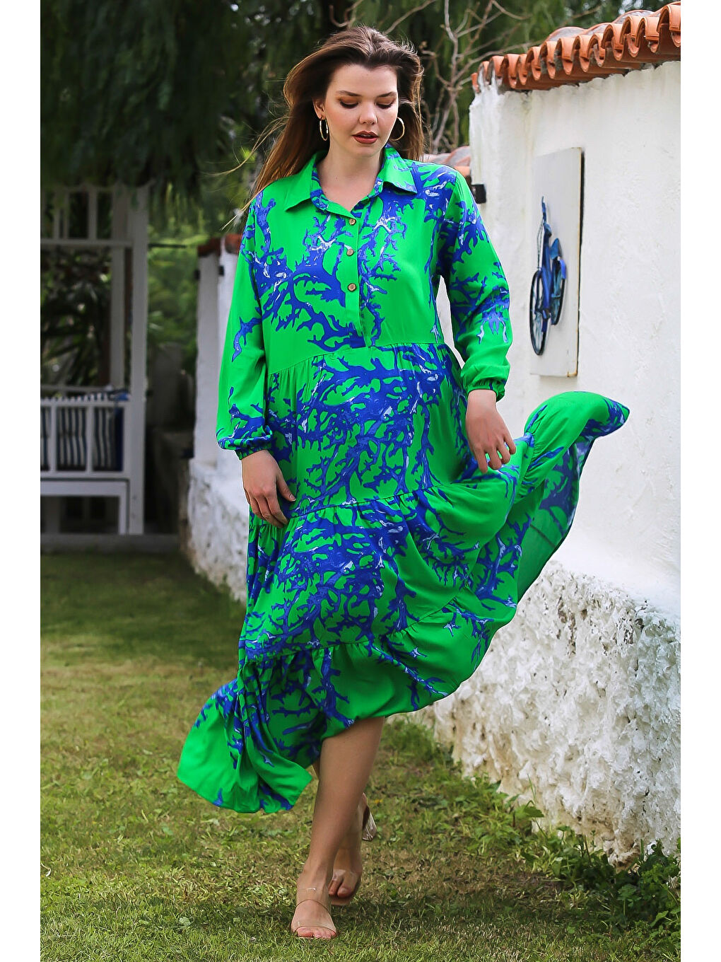 Yeşil Gömlek Yaka Balon Kol Düğmeli Casual Viskon Dokuma Elbise 140 65-5