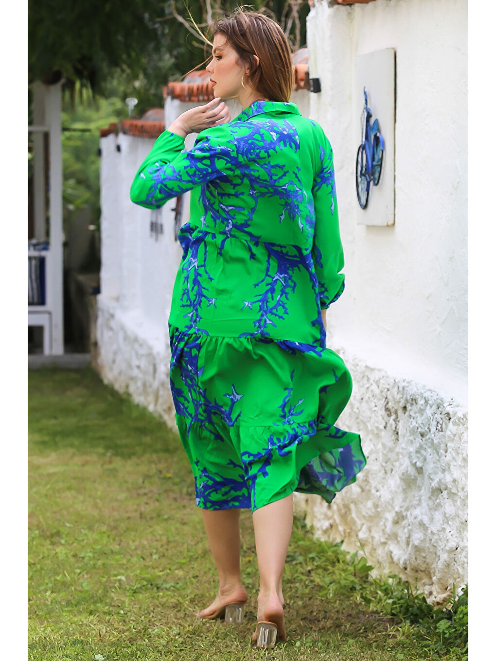 Yeşil Gömlek Yaka Balon Kol Düğmeli Casual Viskon Dokuma Elbise 140 65-7