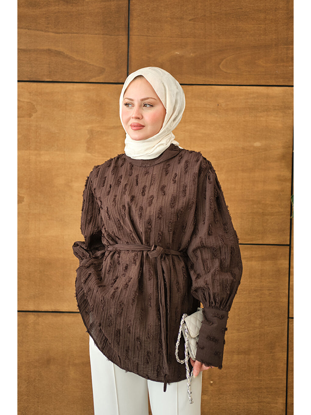 Kadın Kendinden Desenli Bel Bağlamalı Tunik Kahverengi-2