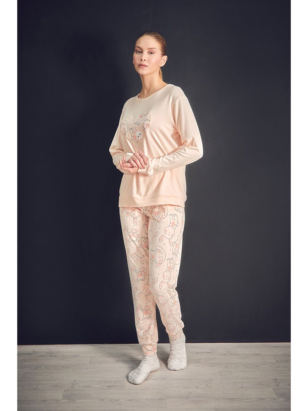 Pembe Tavşan Nakışlı Bisiklet Yaka 2'li Pijama Takımı