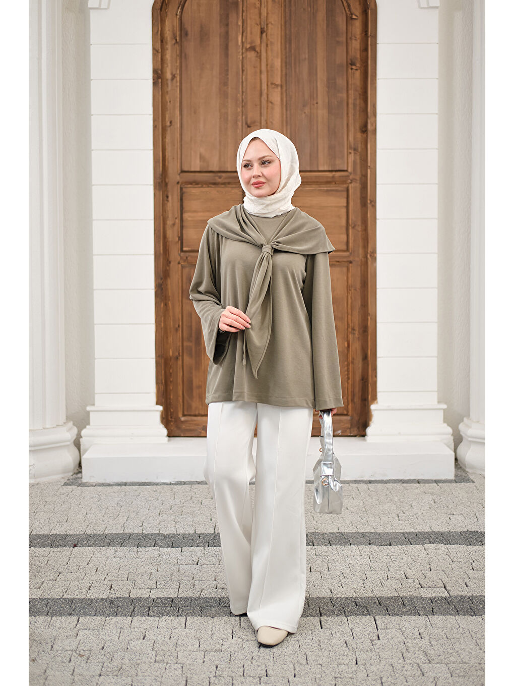 Kadın Yaka Pelerin Bağlamalı Bisiklet Yaka Tunik Küf Yeşil-1