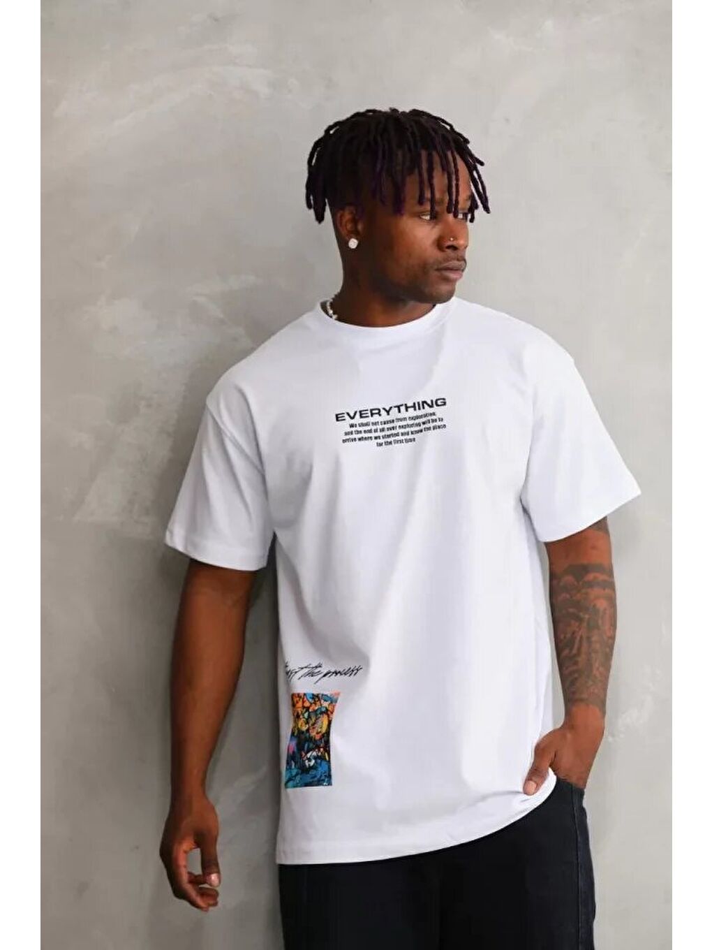 Unisex Bisiklet Yaka Baskılı Oversize T-Shirt - Beyaz