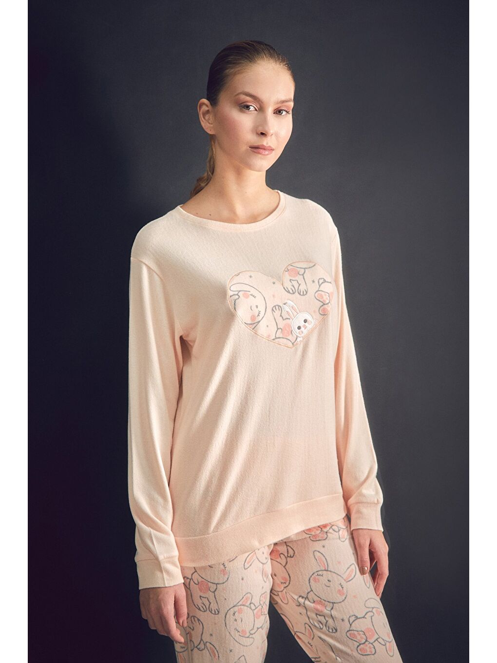 Pembe Tavşan Nakışlı Bisiklet Yaka 2'li Pijama Takımı-1