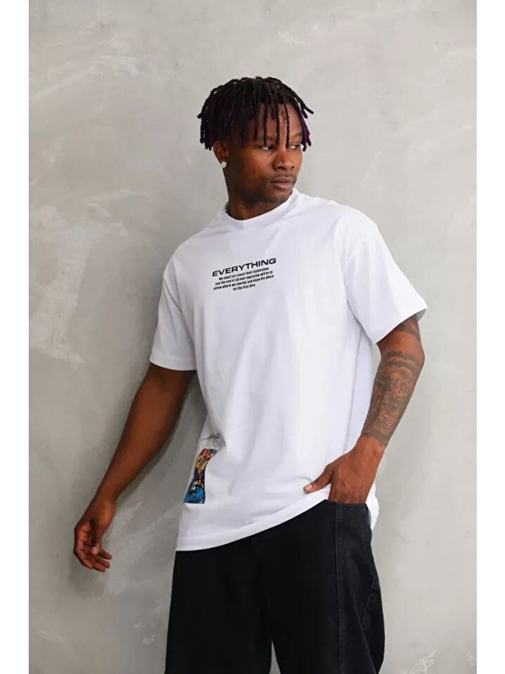 Unisex Bisiklet Yaka Baskılı Oversize T-Shirt - Beyaz-1