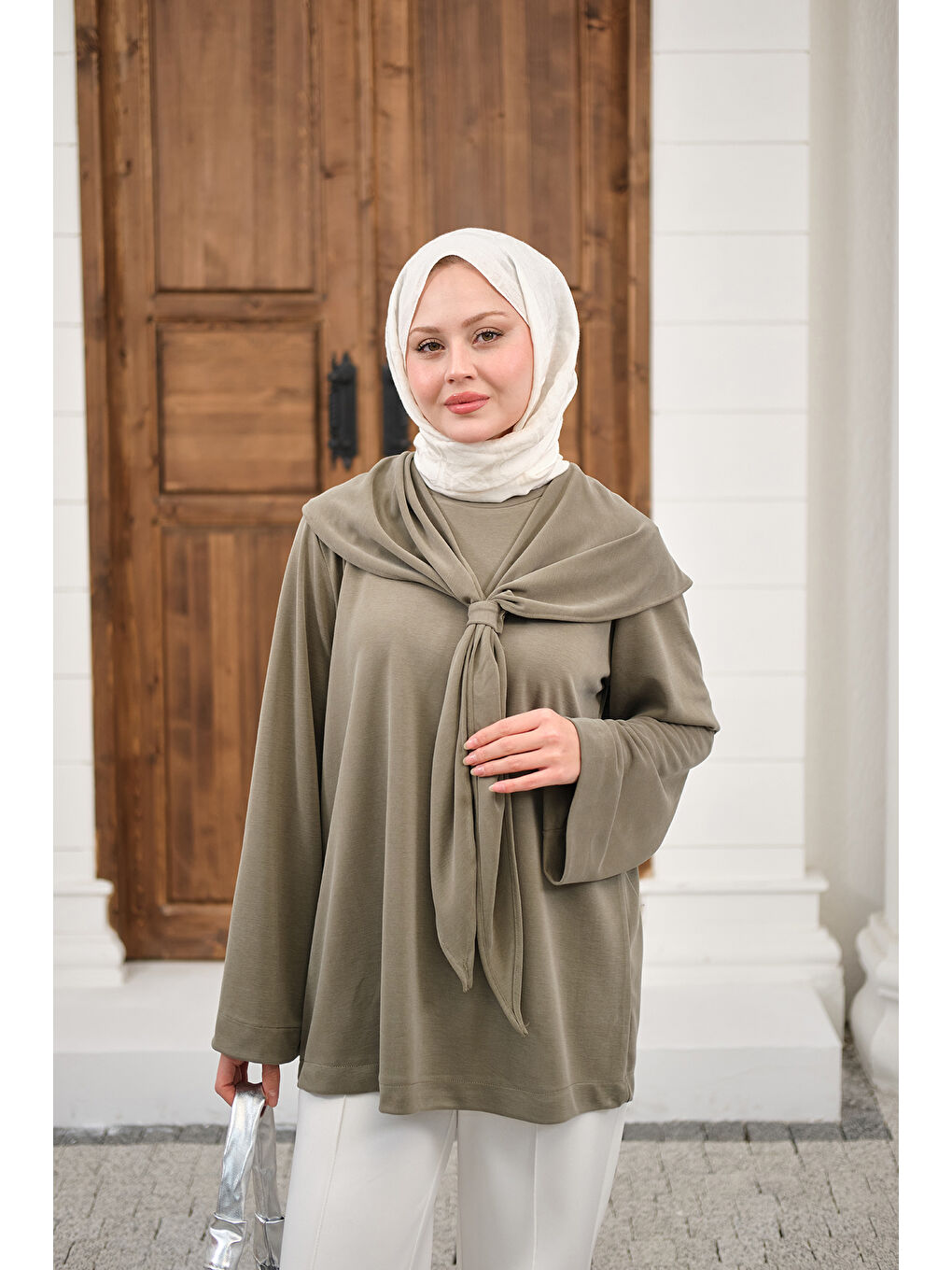 Kadın Yaka Pelerin Bağlamalı Bisiklet Yaka Tunik Küf Yeşil-2