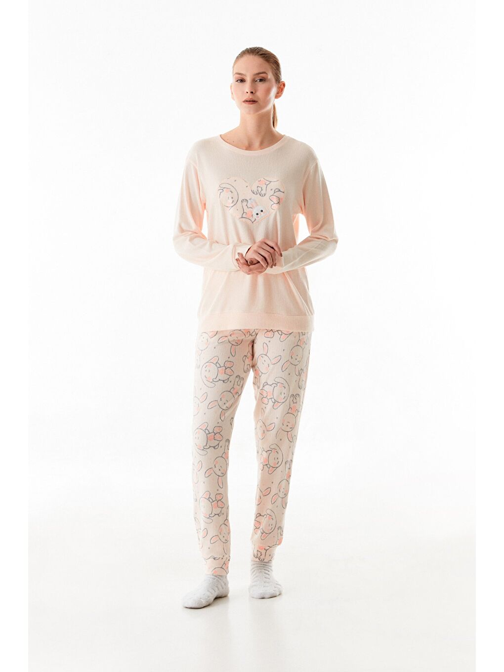 Pembe Tavşan Nakışlı Bisiklet Yaka 2'li Pijama Takımı-2