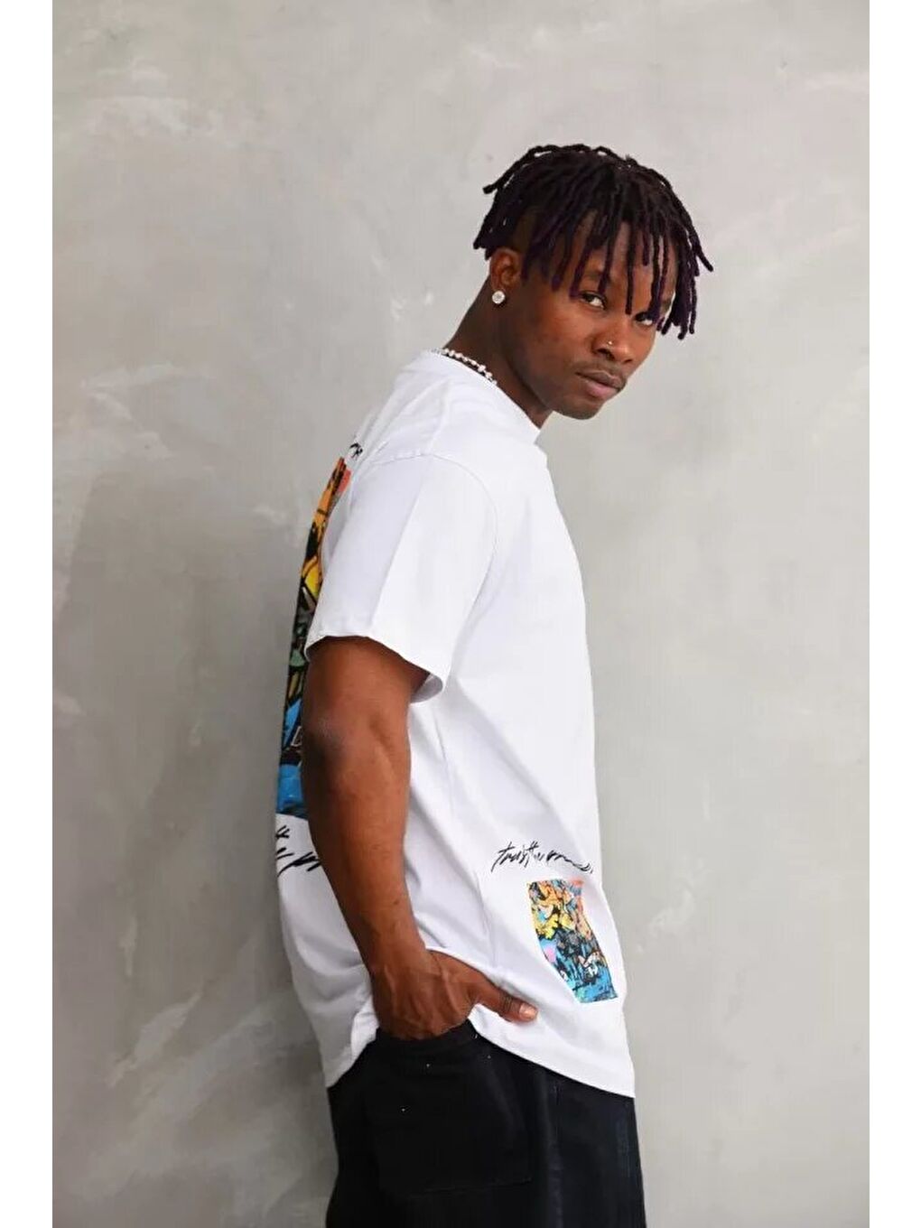 Unisex Bisiklet Yaka Baskılı Oversize T-Shirt - Beyaz-2