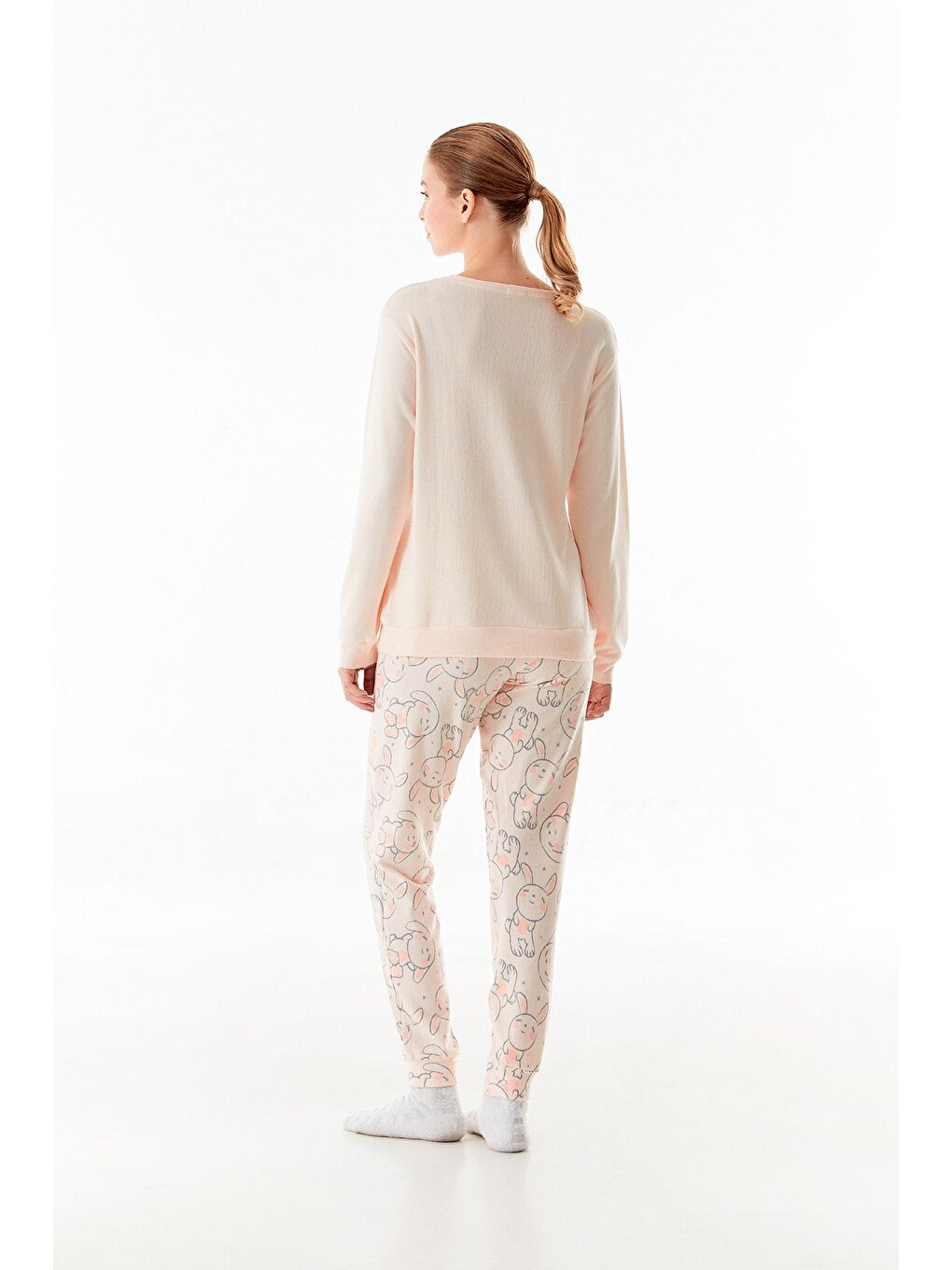 Pembe Tavşan Nakışlı Bisiklet Yaka 2'li Pijama Takımı-3