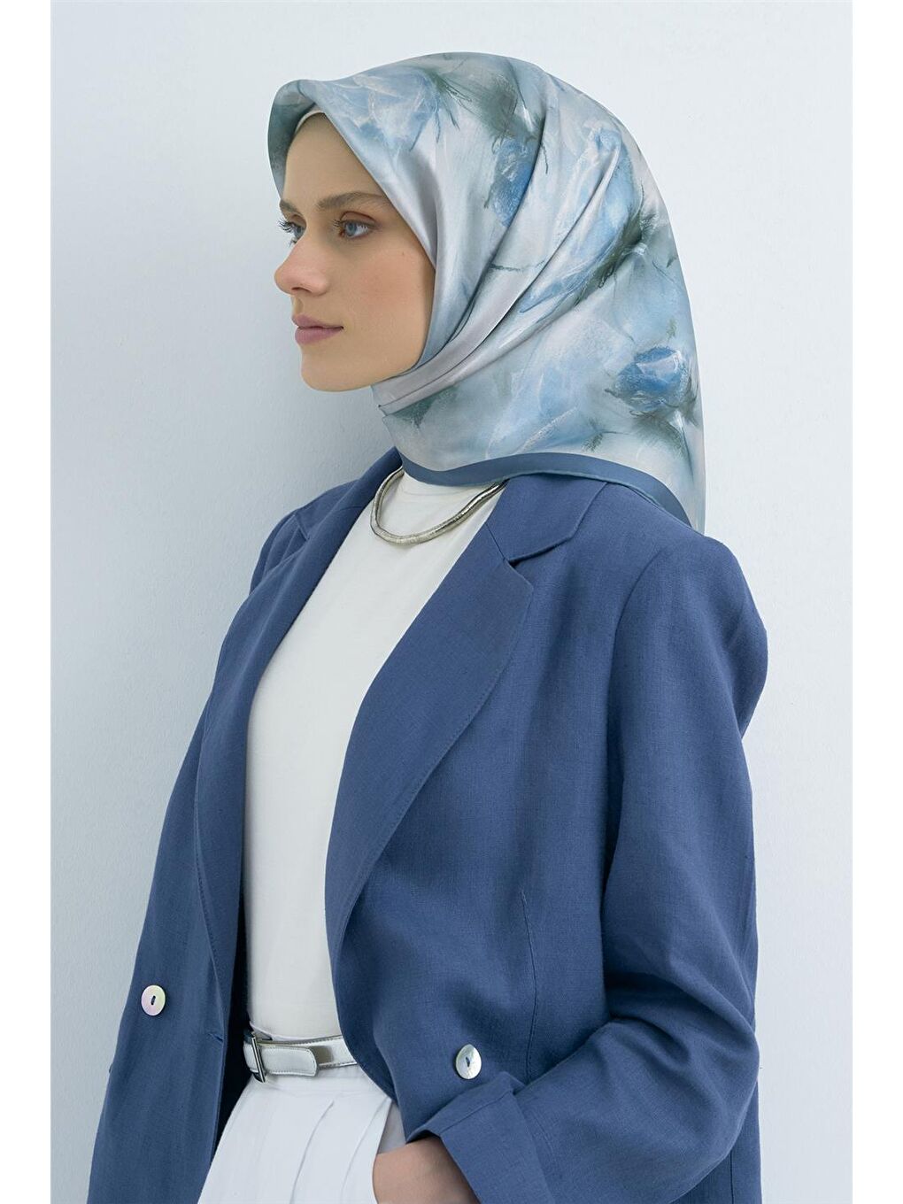 Mavi Saf İpek Twill Eşarp 9515D 53-1