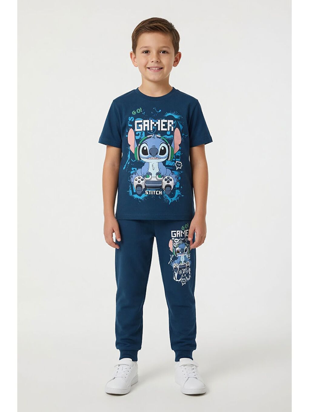 Koyu Mavi Gamer Karakter Baskılı Tişörtlü Erkek Çocuk Eşofman Takımı 23877