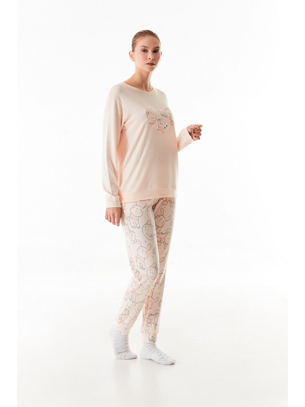 Pembe Tavşan Nakışlı Bisiklet Yaka 2'li Pijama Takımı-4