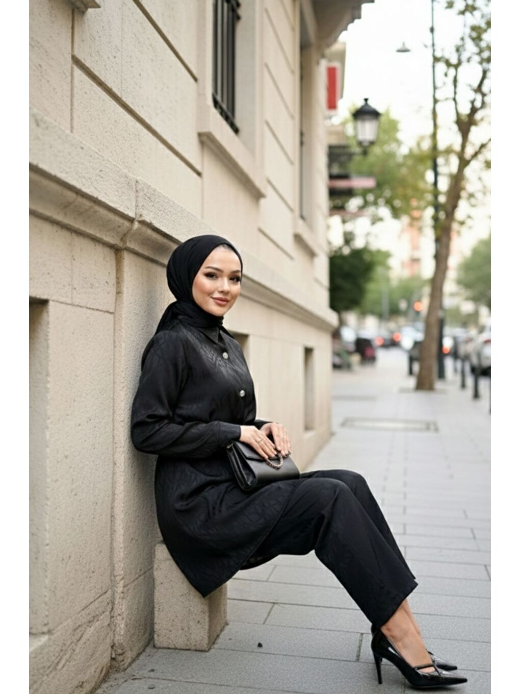 Siyah Belden Bağlamalı Kendinden Desenli Takım-4