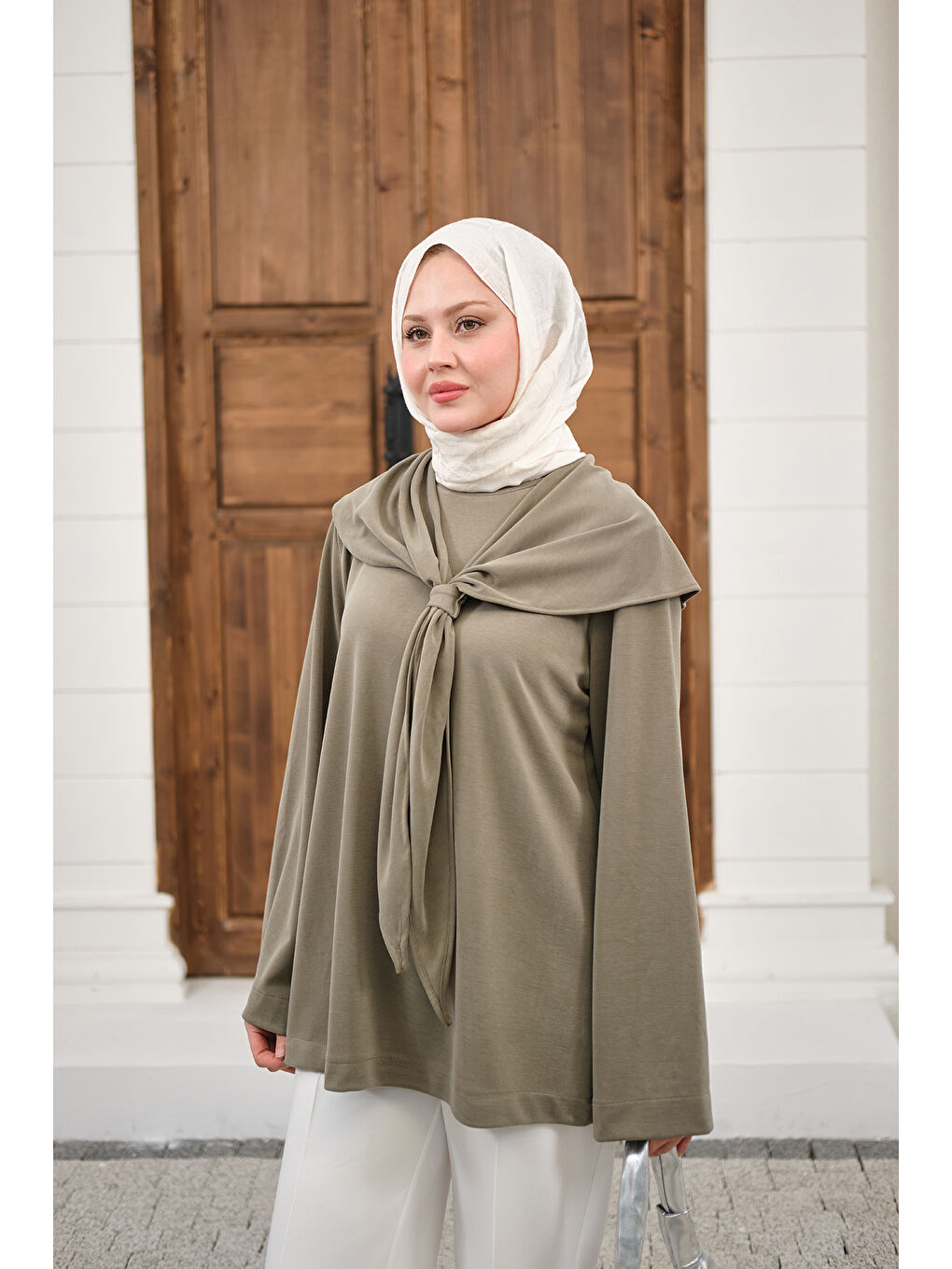 Kadın Yaka Pelerin Bağlamalı Bisiklet Yaka Tunik Küf Yeşil-3