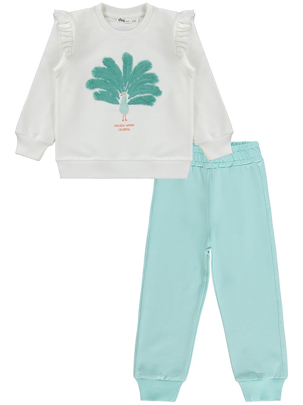 Girls Tavus Kuşu Naskışlı 2-5 Yaş Eşofman Takımı - Ekru 2-3 Yaş