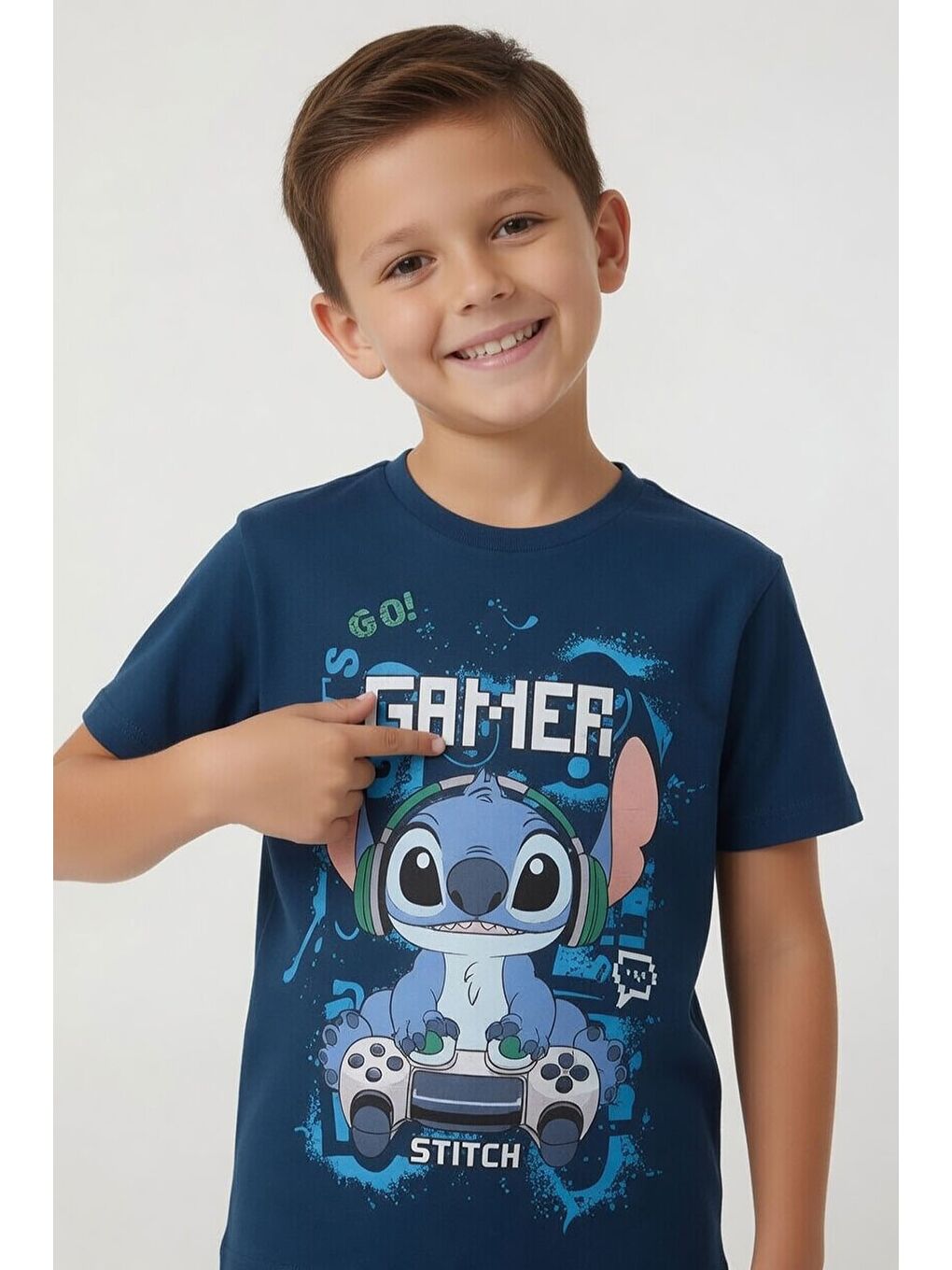 Koyu Mavi Gamer Karakter Baskılı Tişörtlü Erkek Çocuk Eşofman Takımı 23877-1