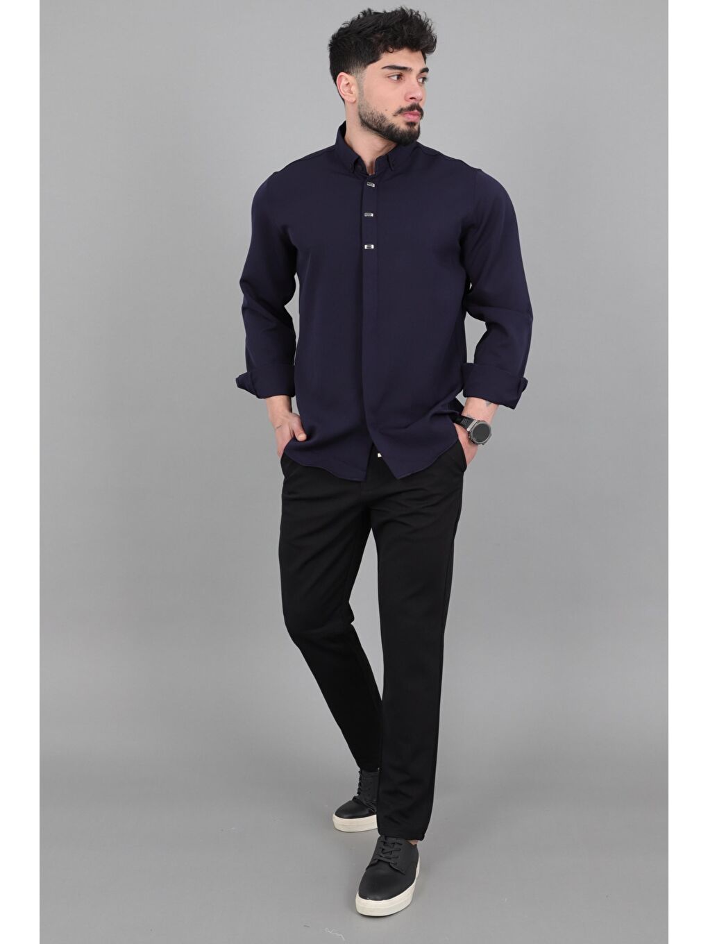 Lacivert Düğme Detay Premium Yazlık Uzun Kol Gömlek QCM 6727_40419-2