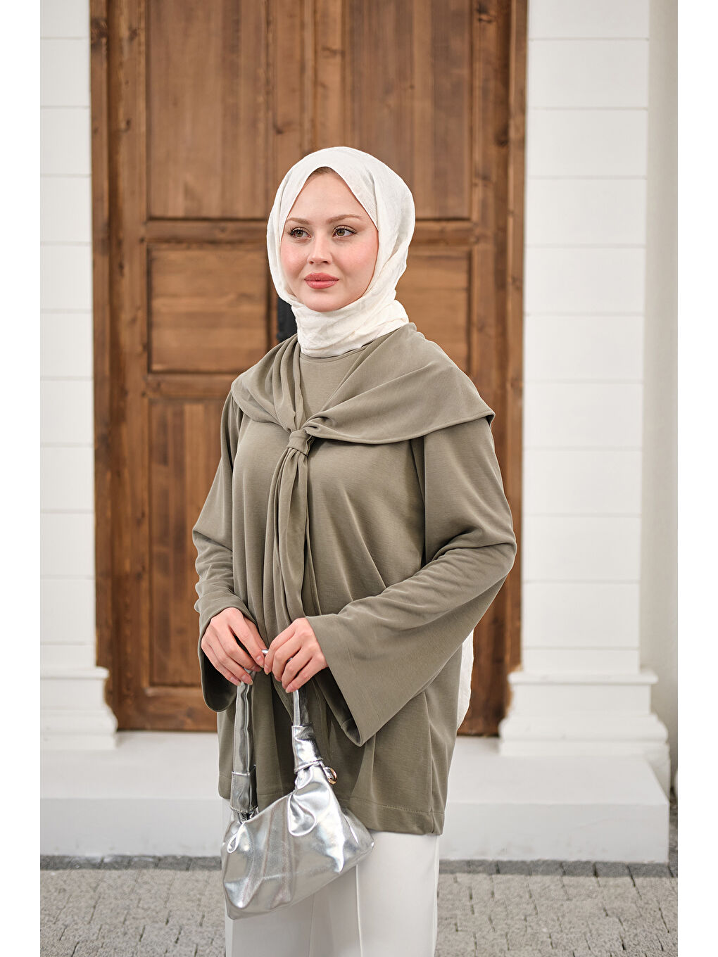 Kadın Yaka Pelerin Bağlamalı Bisiklet Yaka Tunik Küf Yeşil-4