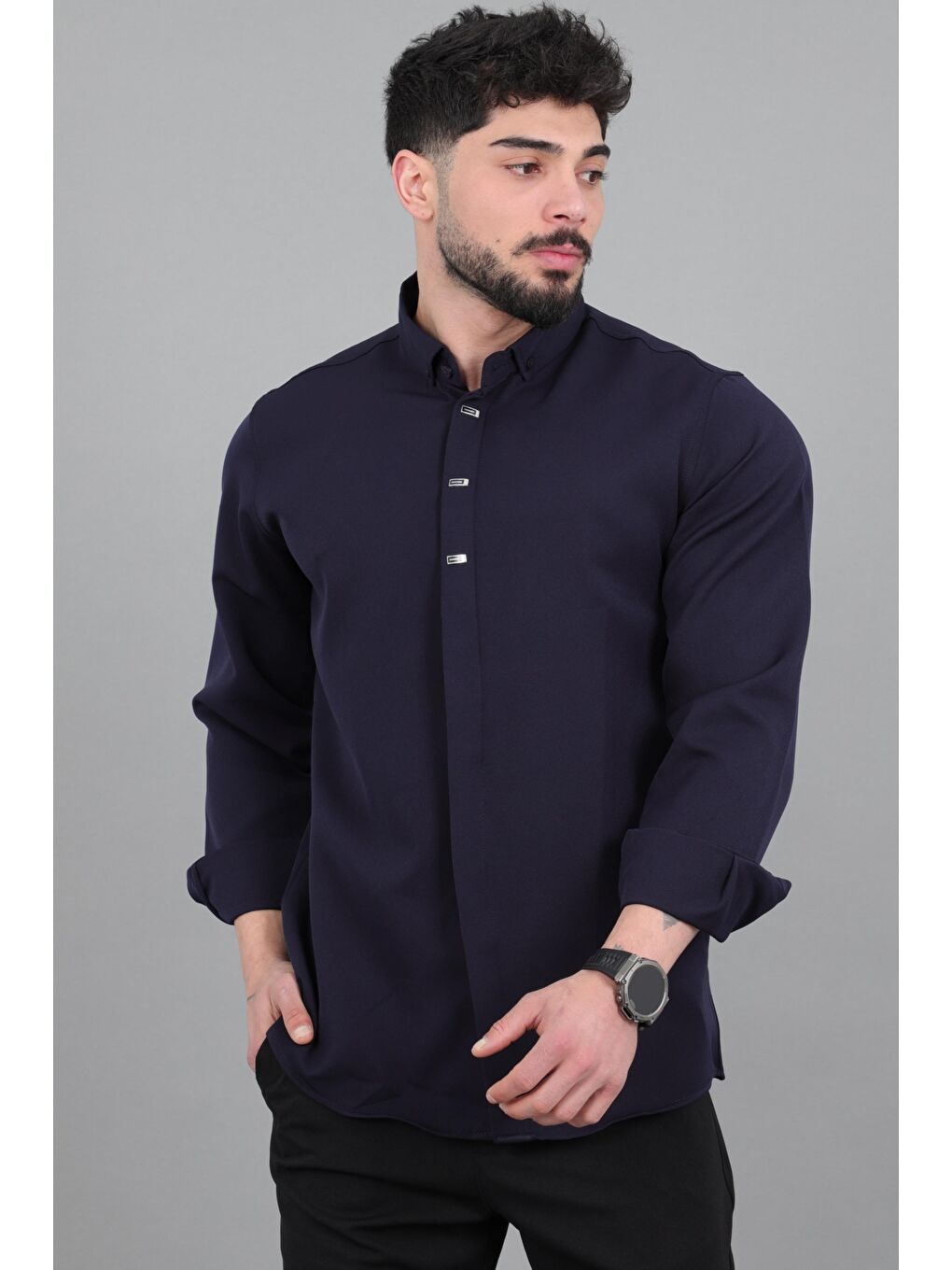 Lacivert Düğme Detay Premium Yazlık Uzun Kol Gömlek QCM 6727_40419-3