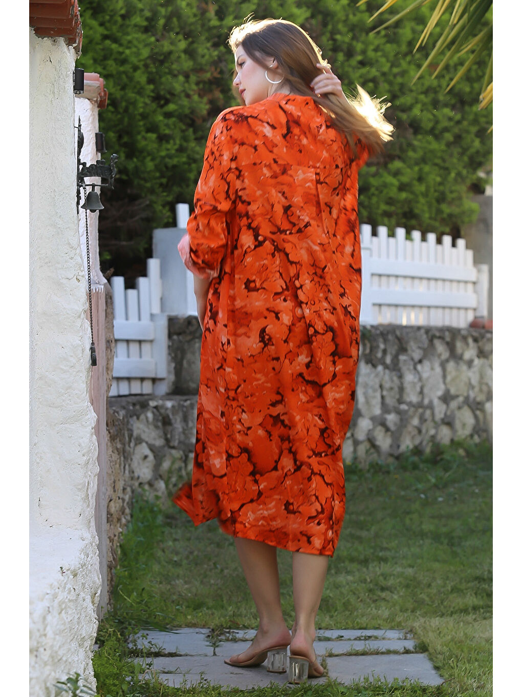 Turuncu Hakim Yaka Düğmeli Uzun Kollu Gizli Cepli Casual Viskon Dokuma Elbise 125 65-2