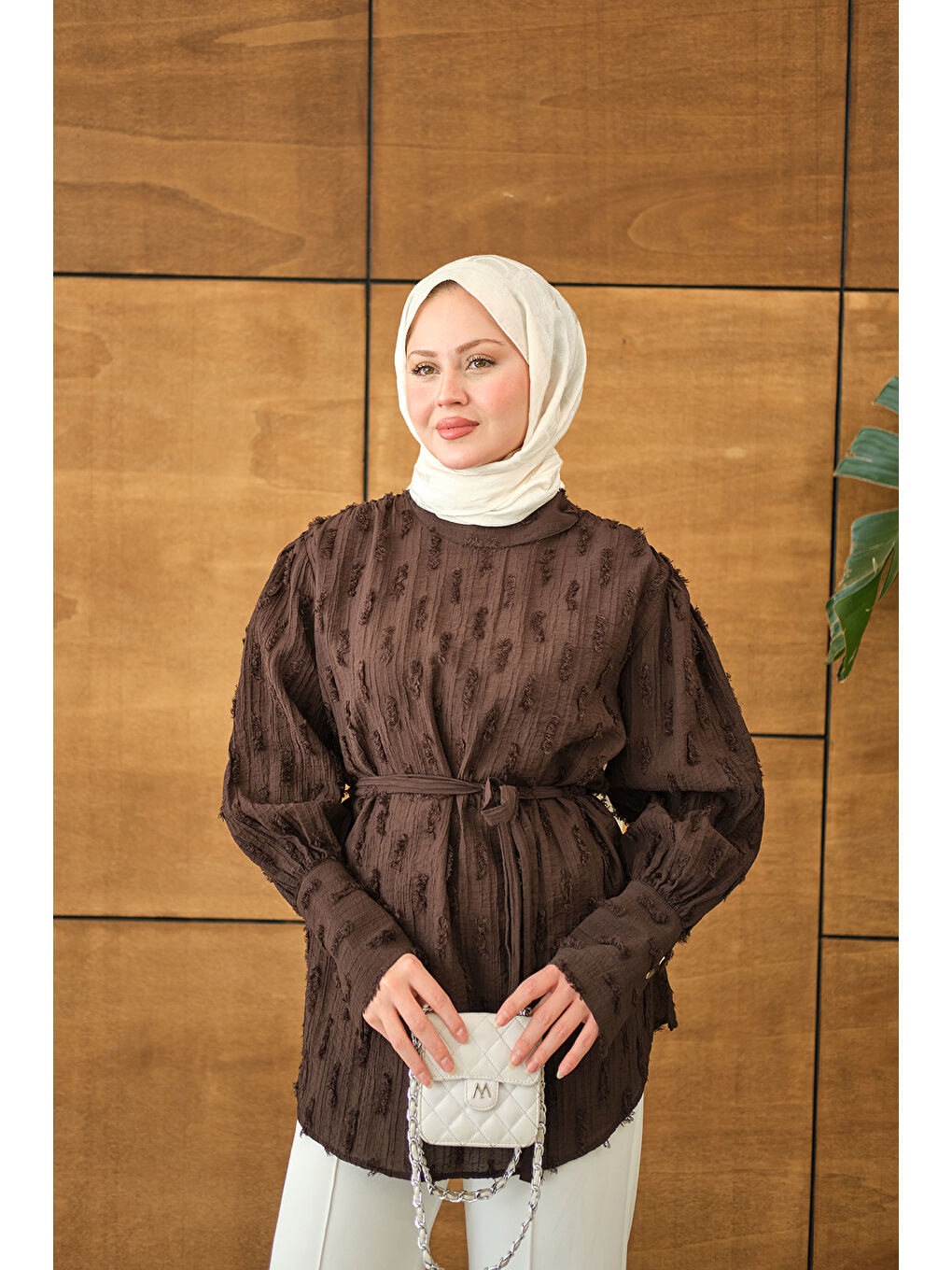 Kadın Kendinden Desenli Bel Bağlamalı Tunik Kahverengi-4