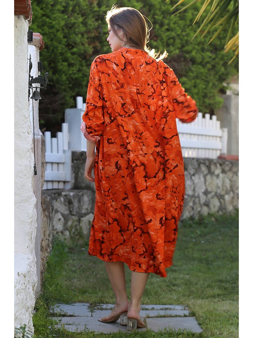 Turuncu Hakim Yaka Düğmeli Uzun Kollu Gizli Cepli Casual Viskon Dokuma Elbise 125 65-3