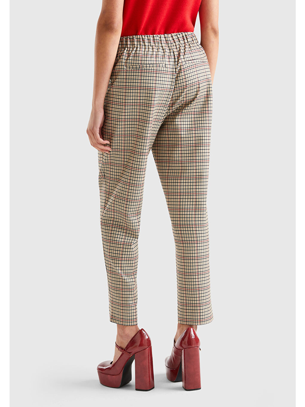 Kadın Bej Mix Ekoseli Beli Lastikli Pantolon-2