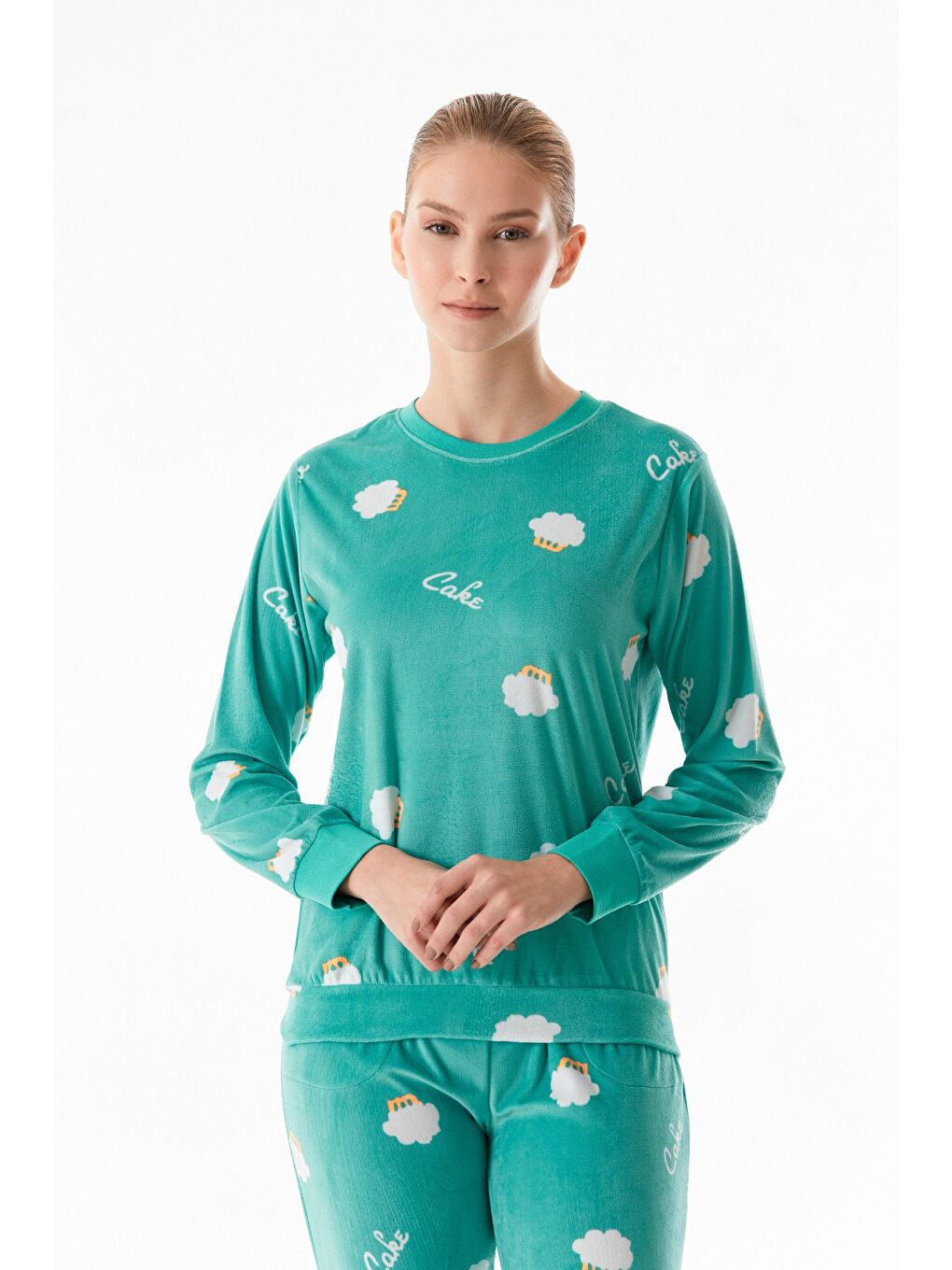 Turkuaz Cupcake Baskılı Bisiklet Yaka 2'li Kadife Pijama Takımı-1