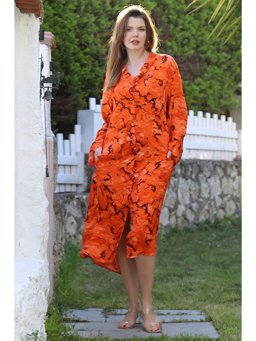 Turuncu Hakim Yaka Düğmeli Uzun Kollu Gizli Cepli Casual Viskon Dokuma Elbise 125 65-6