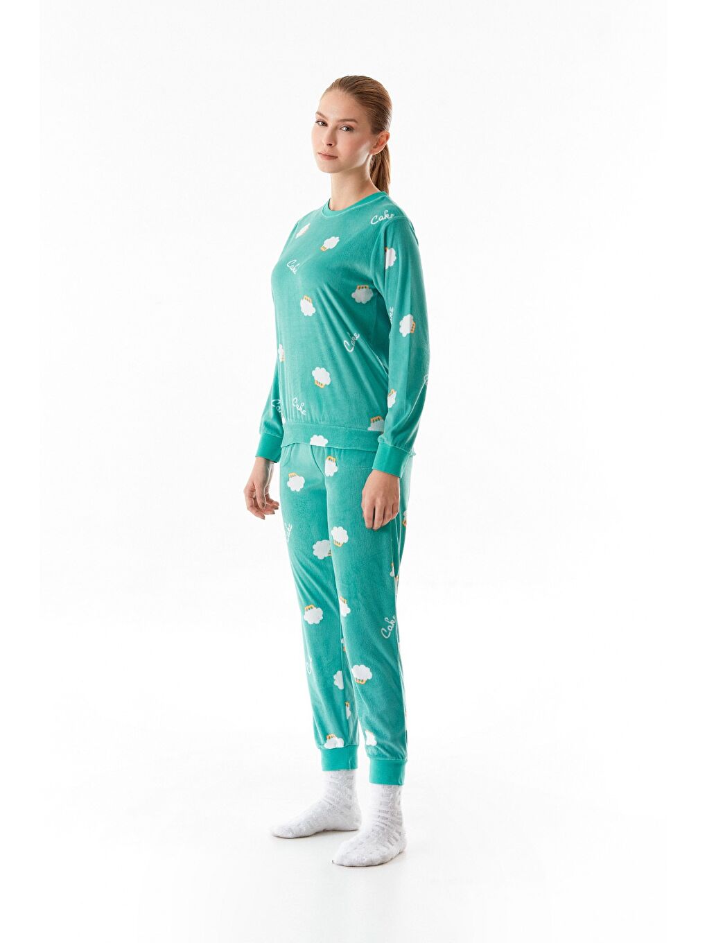 Turkuaz Cupcake Baskılı Bisiklet Yaka 2'li Kadife Pijama Takımı-2